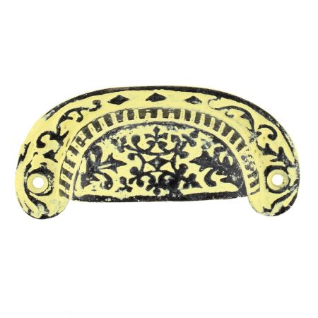 Yellow Distressed Floral D Pull Iron Handle